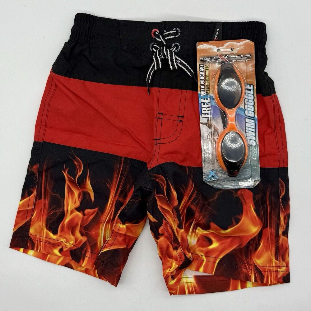 ZeroXposur Surf Board Short Bathing Suit Fire Boys Size 4 With Goggles NWT